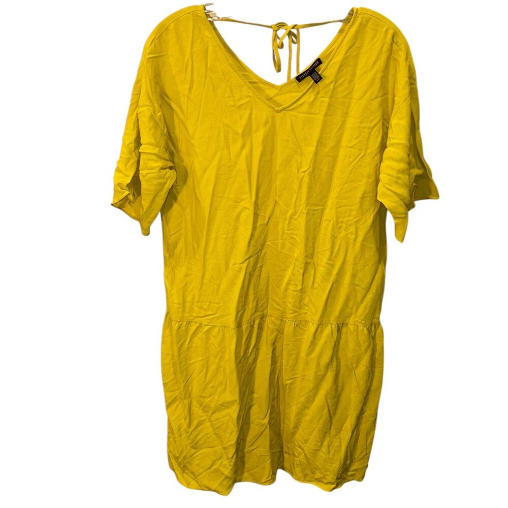 Eileen Fisher Citrus yellow chartreuse drop waist tie back neck shirt dress S